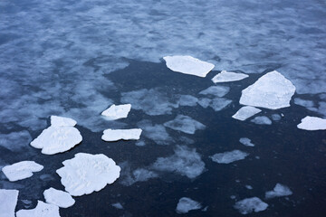 Drifting ice floes in the ocean