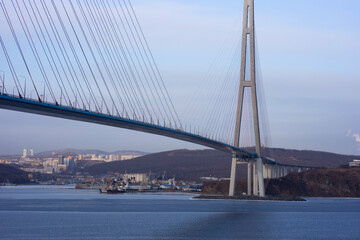 Cable-stayed bridge over the sea, Vladivostok, Russian bridge