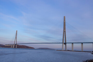 Cable-stayed bridge over the sea, Vladivostok, Russian bridge