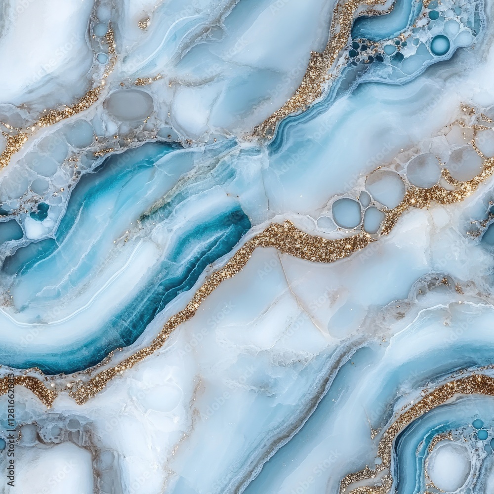 Poster swirling patterns of blue and teal liquid with sparkling gold glitter create an elegant marble-like 
