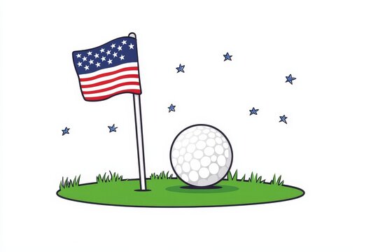 Patriotism on the Green - Golf ball rests on a green putting surface, near a flag with American stars and stripes