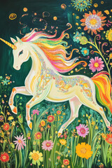 Illustration of a sparkling unicorn trotting through a meadow filled with rainbow colored flowers. The unicorn iridescent mane and tail ripple in the breeze, creating a scene of pure fantasy and