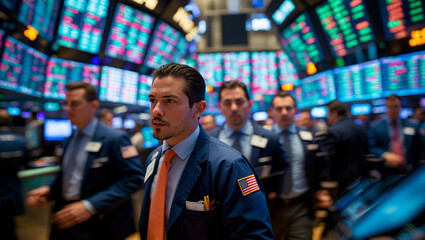 Stock traders work on the trading floor of a major financial exchange during a busy trading session in New York City
