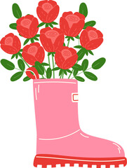Bouquet of red roses in a pink rubber boot with a red sole for spring rain