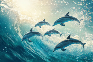 Naklejka premium Illustration of a playful school of dolphins leaping through the sparkling turquoise ocean waves. The sunlight dances on the water, creating a magical shimmer, while the dolphins' sleek bodies move