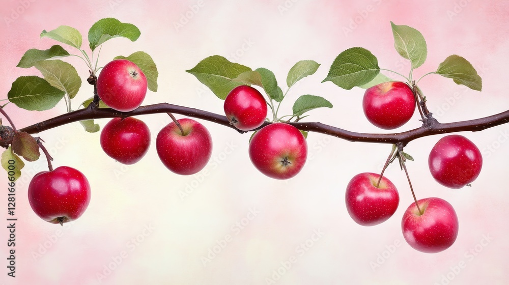 Poster red apples on branch - branch of ripe red apples with green leaves against a soft pink background. p