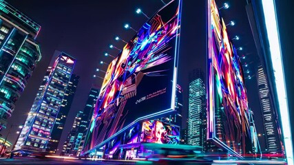 A bright digital billboard glowing in neon colors with abstract visuals in a bustling urban city at night. Concept of modern advertising and urban nightlife