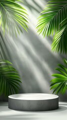 Obraz premium Empty Display Podium with Tropical Palm Leaves