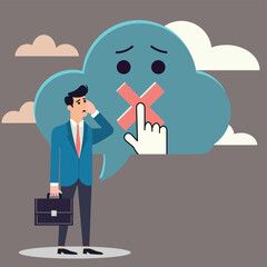 A worried businessman stands next to a large blue speech bubble with a sad face and a red X symbol, symbolizing stress, suppressed communication, censorship, or workplace anxiety.