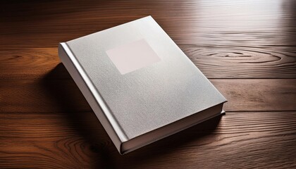 Fototapeta premium A hardcover book mockup on a wooden table featuring a minimalist cover design placeholder—perfect for showcasing book covers, branding, or editorial design concepts with a clean aesthetic. 