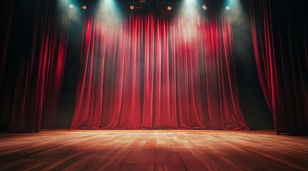 Empty Stage with Red Curtains Awaits the Performance