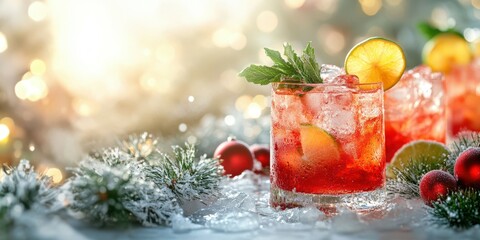 Refreshing winter cocktails with festive decorations on a bright holiday afternoon