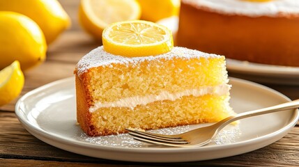 Delicious Lemon Cake Slice on Plate with Fresh Citrus Fruit Display for Pastry Lovers Dessert Time