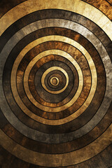 Illustration of concentric circles in various shades of gold and bronze, arranged in a mesmerizing, spiral formation. The metallic tones and symmetrical design create an elegant, modern aesthetic for