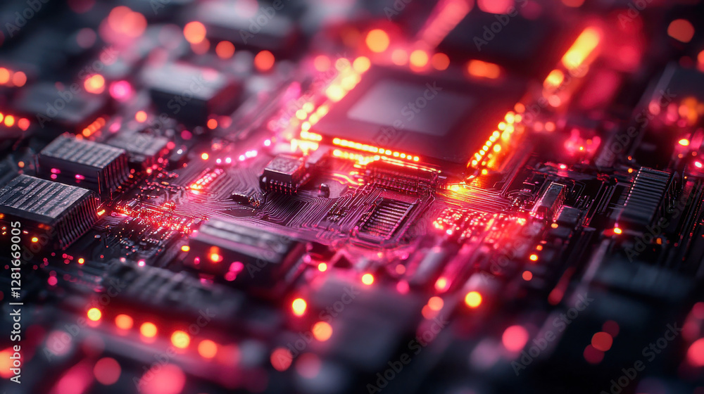 Poster close-up of a glowing microchip on a high-tech circuit board with red and pink neon lights