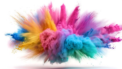 Obraz premium Colorful Holi powder explosion creating vibrant patterns on a white background during festival celebration. Generative AI