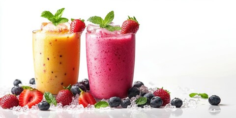 Colorful fruit smoothies served in chilled glasses with fresh berries and mint on a white background
