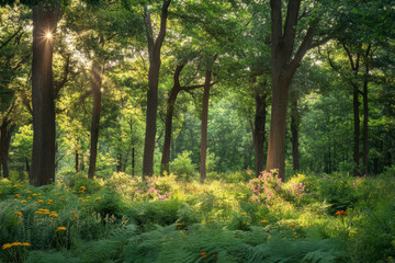 Naklejka premium Illustration of a peaceful forest glade with gentle sunlight streaming through the canopy of tall oak trees. The forest floor is covered with lush ferns and colorful wildflowers, creating a serene and