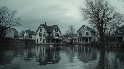 Obraz premium Flooded houses in a suburban neighborhood