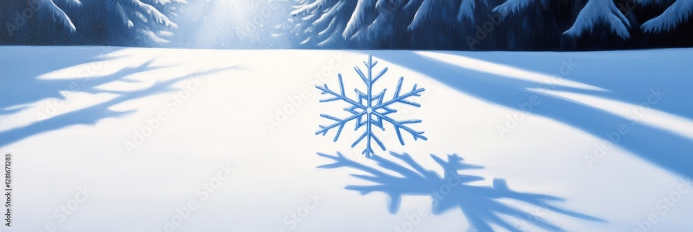 Poster shimmering snowflake in winter woods - a single, shimmering snowflake rests on a pristine snowfield,