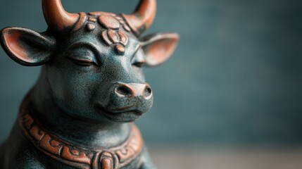 Vibrant, hand-painted Holy Indian cow statue. Intricate details, teal background concept
