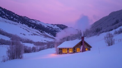 Fototapeta premium A snowy valley at dusk, where a cozy log cabin emits a warm glow from its windows. Smoke drifts lazily from the chimney into the chilly air.