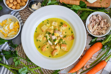 homemade chicken and bread soup with ingredients
