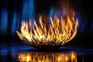 dynamic composition of olympic cauldron ignition ceremony capturing the moment of flame transfer with dramatic lighting and motion blur