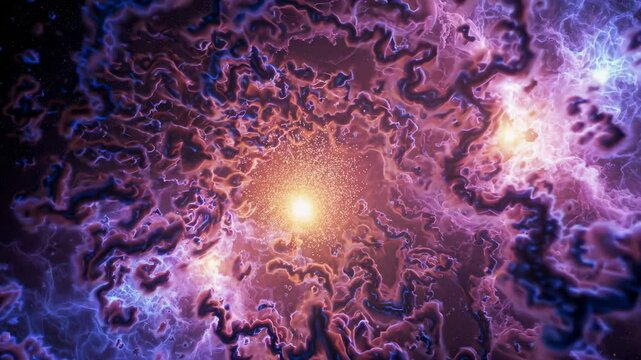 A glowing galactic core radiating golden and purple energy, surrounded by swirling nebula patterns in deep space. Concept of cosmic evolution and stellar birth