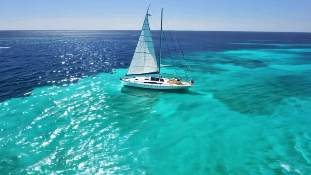 A sailboat drifts peacefully on turquoise waters under a bright blue sky. This tranquil setting highlights the beauty of the ocean and the joy of sailing in a picturesque location.