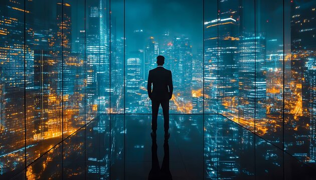 Businessman Cityscape Reflection, Contemplation