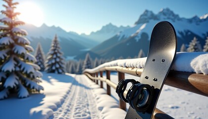 Fototapeta premium Snowboard resting on wooden fence with scenic snowy mountain view.