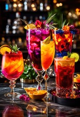 stunning vibrant cocktail creations displayed colorful striking backdrops eye catching visual delight, drink, glass, mixology, garnish, fruit, decoration