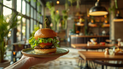 Enjoying meals out, indulgent comfort food, contemporary cafe vibe. Mouthwatering burger served on a plate in a charming cafe, highlighting tasty cuisine and a warm, inviting environment