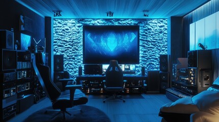 Futuristic streaming studio design in blue hues