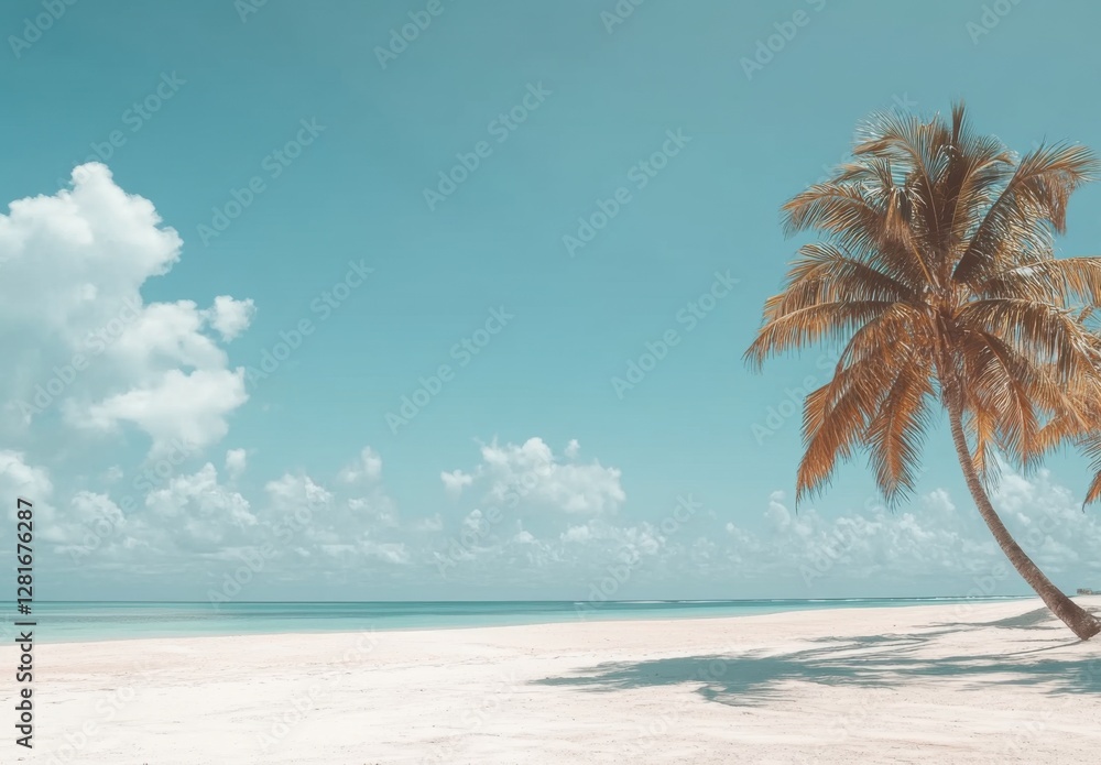 Poster a serene beach landscape with white sand, calm blue sea and a lone palm tree on the right side of th