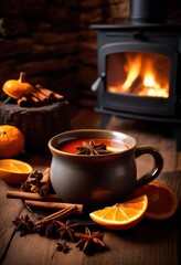 inviting scene warm mug filled fragrant mulled nestled comfortably crackling fire, spice, cinnamon, cloves, nutmeg, orange, aroma, heat, holiday, winter