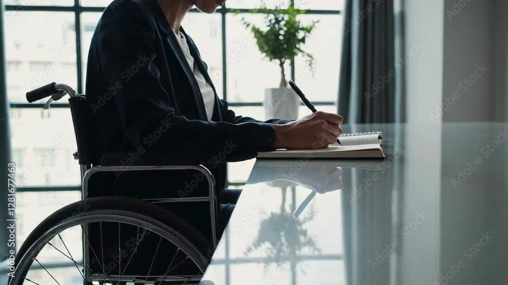 Poster professional businesswoman using wheelchair, writing notes on notebook near sunlit window with plant