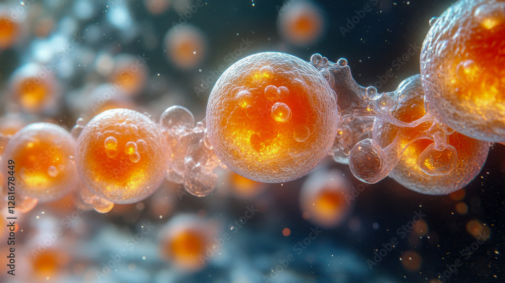 Poster abstract visualization of golden glowing molecular structures floating in space, symbolizing nanotec