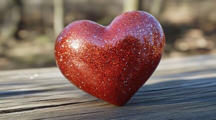 Glittery red heart decoration on a wooden table