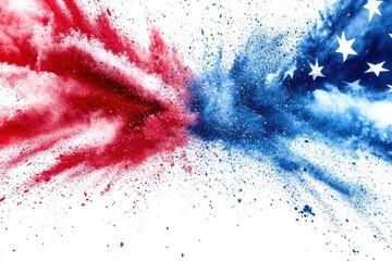 dynamic explosion of patriotic powder creating american flag colors in midair dramatic lighting on white background