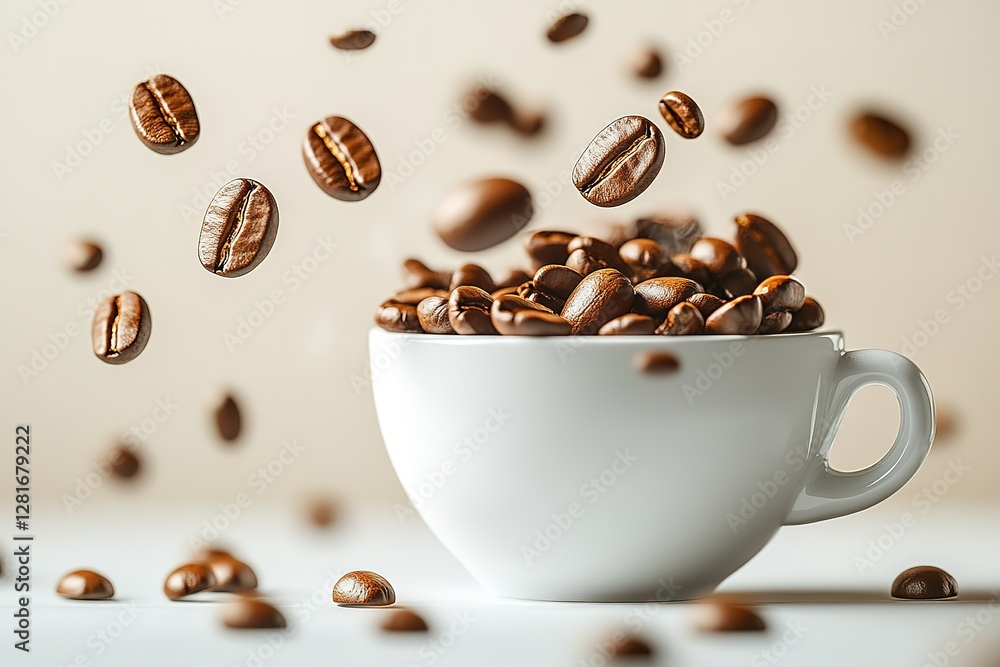 Poster coffee beans cascade around a white cup creating a visually appealing and aromatic scene