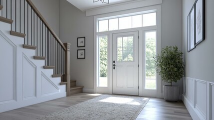 Modern Farmhouse Entryway with Wooden Staircase