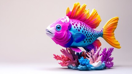 Fototapeta premium Vibrant Colorful Fish on Coral Reef - A stunning, colorful fish sculpture sits atop a vibrant coral reef against a light beige background