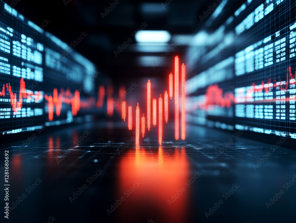 Poster analyzing red stock finance chart trends in a digital environment financial data visualization abstr
