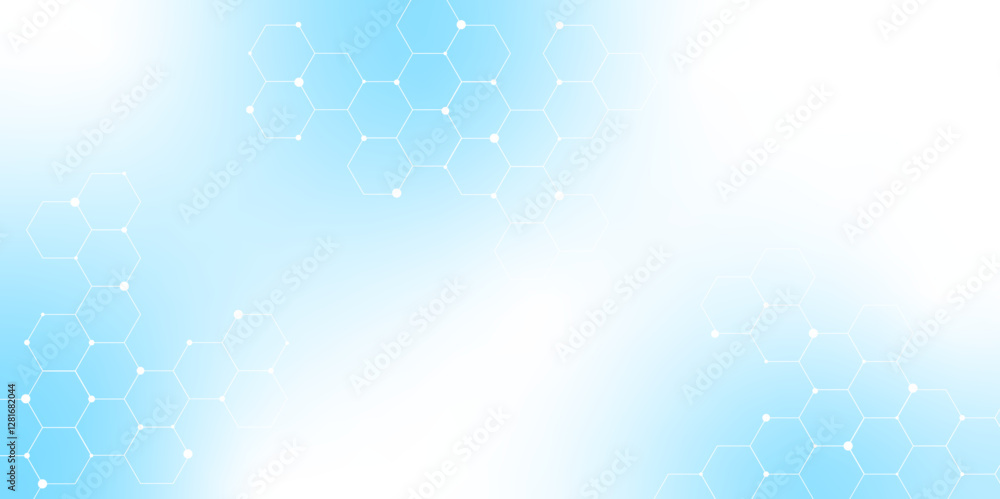 Poster Molecular structure abstract tech background. Geometric blue background. Vector banner design with hexagons. Science network pattern, connecting lines and dots Medical background, Vector illustration.