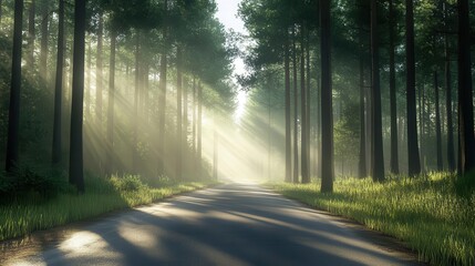 Obraz premium A serene forest road illuminated by soft sunlight beams.