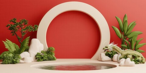 A serene space featuring lush plants and a circular backdrop.