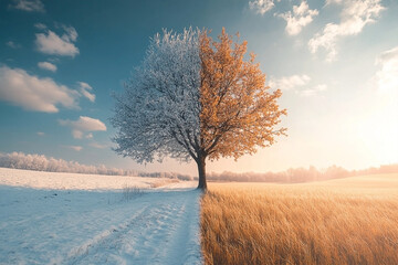 A single tree splits into winter and summer contrasting a snowy field and a golden one