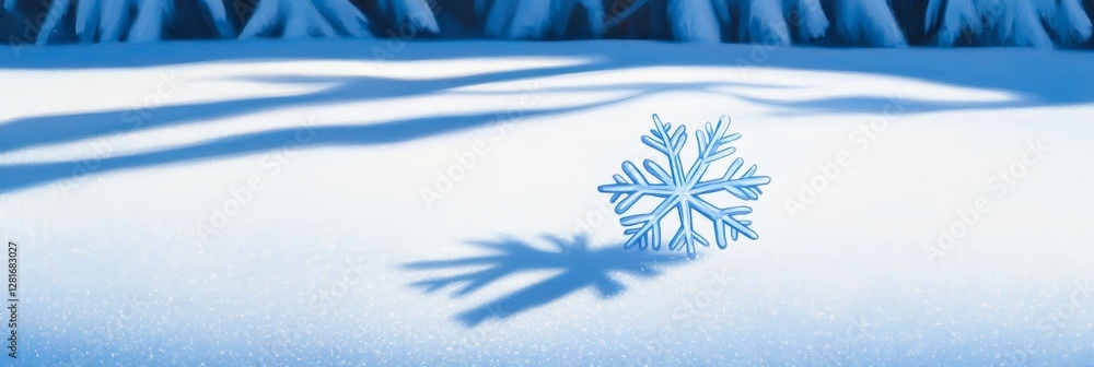 Poster winter snowflake serenity - single snowflake rests on pristine snow, cast by shadows of winter trees